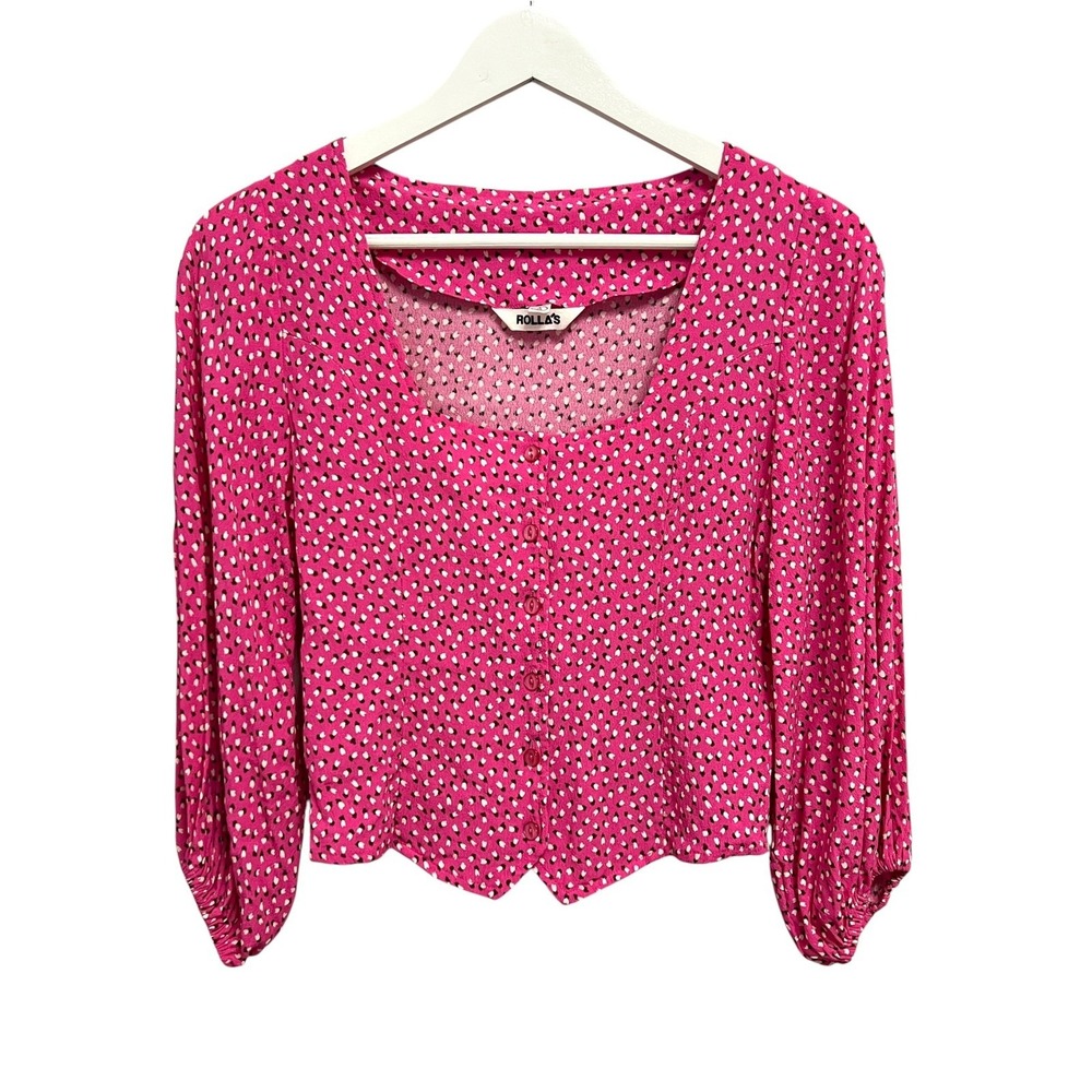 Rolla's Roxanne Mini Tulips Top Women S Pink Cropped Puff Sleeve Button Coquette